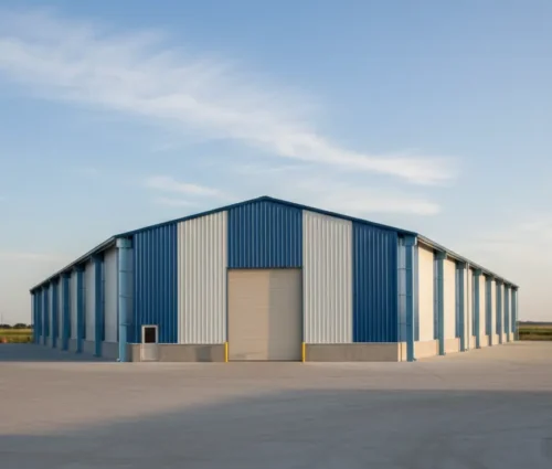 Modern blue and white PEB warehouse with steel columns, roll-up door, and a clear sky backdrop.