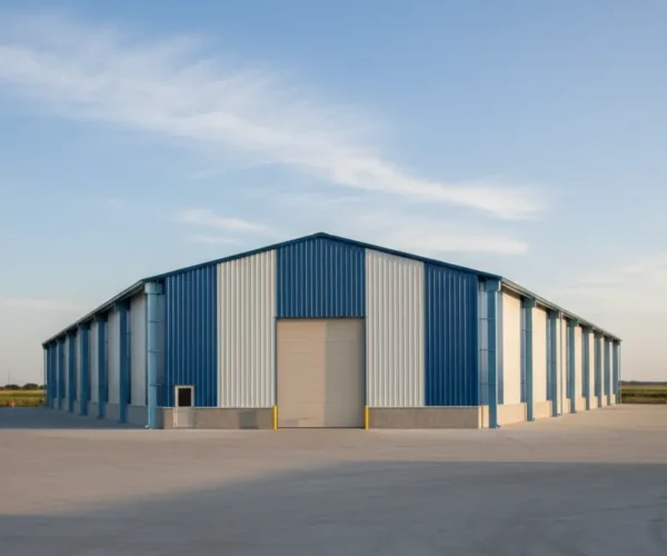 Modern blue and white PEB warehouse with steel columns, roll-up door, and a clear sky backdrop.
