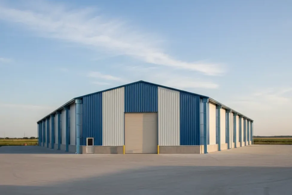 Modern blue and white PEB warehouse with steel columns, roll-up door, and a clear sky backdrop.